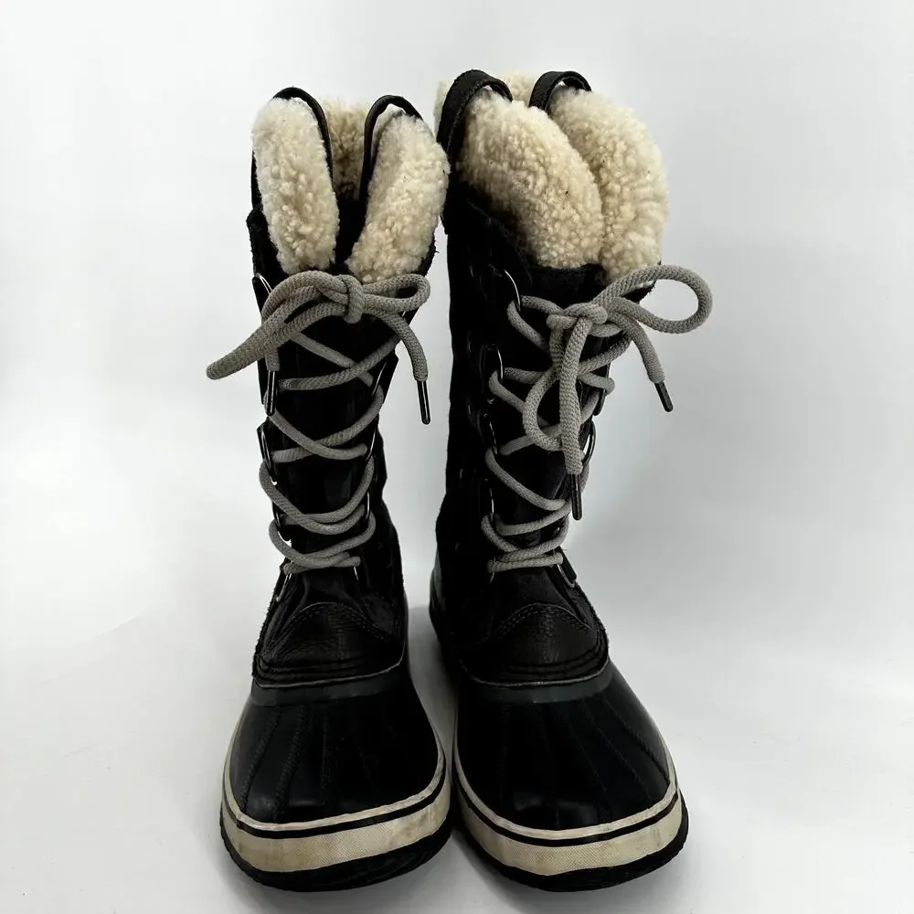 Sorel Joan of Arctic Boots Leather Winter Snow Lace Up Faux Shearling Black 8.5